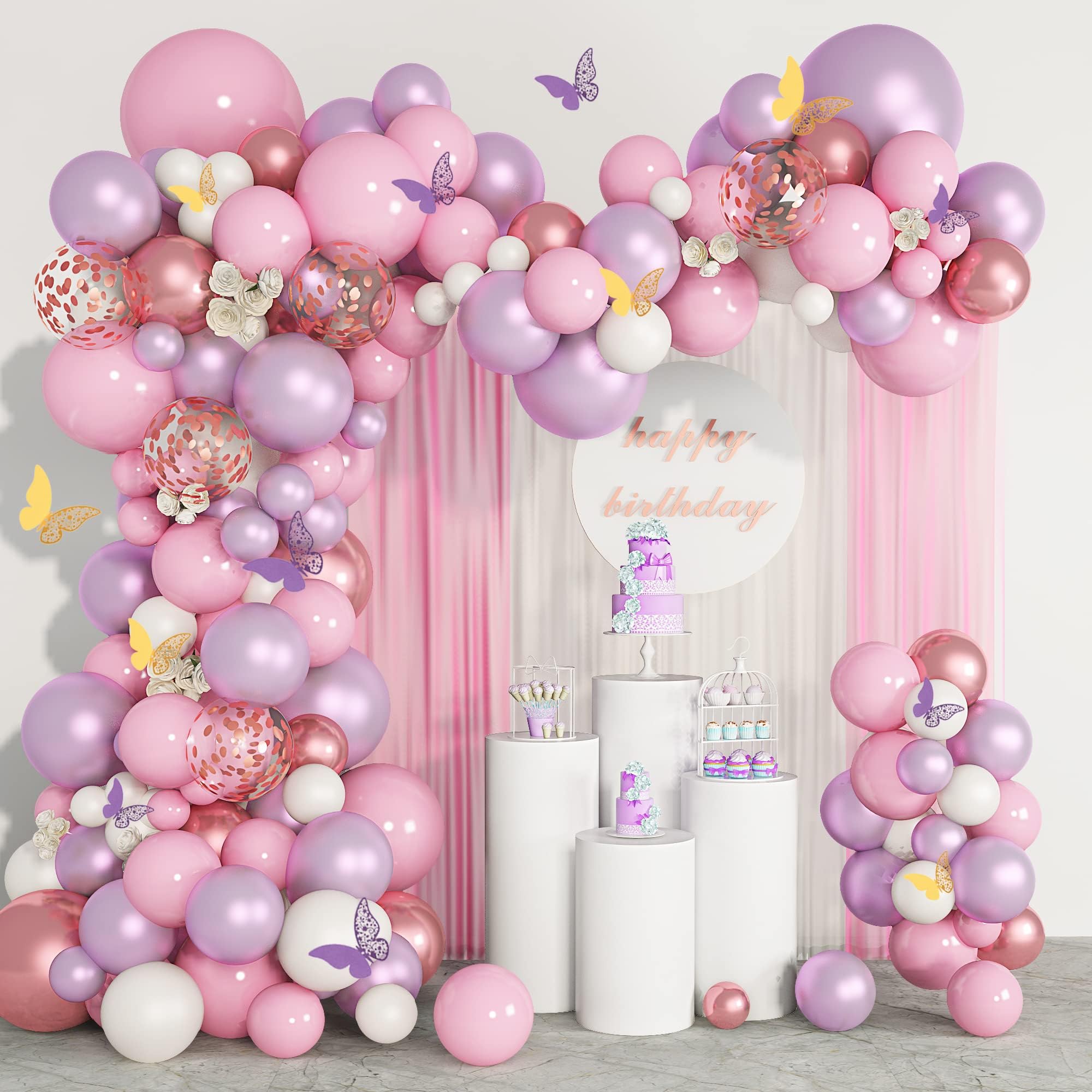 Photo 1 of 143Pcs Butterfly Pink and Purple Balloons Garland Arch Kit, Baby Shower Decorations for Girl Butterfly Stickers Pink Purple Rose Gold Confetti Balloons for Birthday Wedding Bridal Shower Decorations