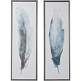 Deco 79 Canvas Bird Living Room Framed Wall Art Feathers Canvas Wall Art with Silver Frame, Set of 2 Wall Art 16"W, 47"H, Blu