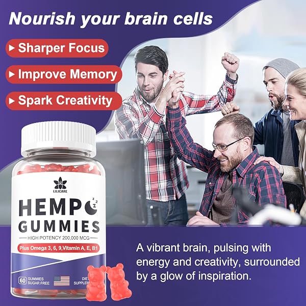HEMPTOTALLY HEMP GUMMIES 200MG, HIGH POTENCY VEGAN HEMP OIL WITH OMEGA 3 6 9, VITAMIN A、E & B1, ZERO SUGAR, 60 GUMMIES, 30 SERVINGS