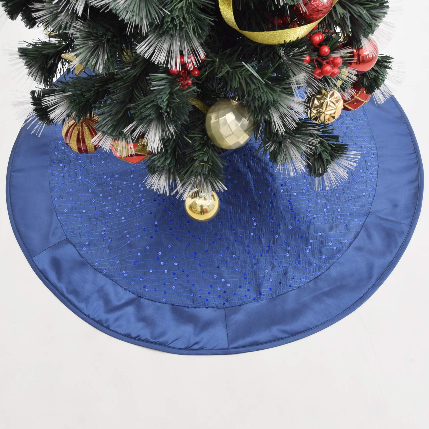 Gireshome Blue Sparkle Glitter Sequin Center,Faux Silk Stain Border Christmas Tree Skirt ,Xmas Christams Holiday Party Decorations - 36inch
