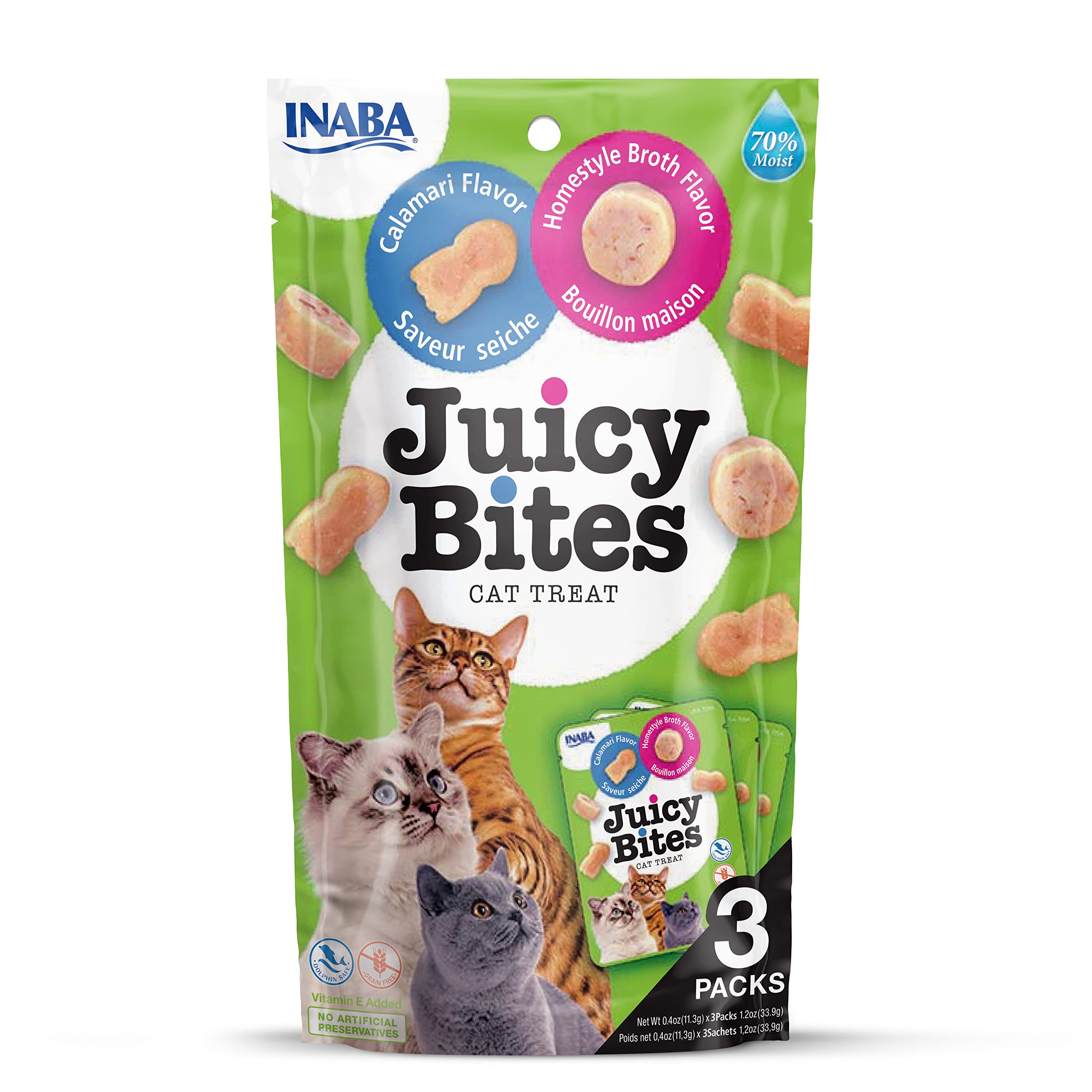 Juicy Bites by INABA Cat Treat - Calamari & Homestyle Broth Flavour 6 Pack (198g total) / Soft & Moist Cat Treat, Delicious & Healthy Snack for Cats, Hand Feeding Nibbles, Natural, Grain Free