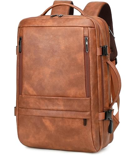 tiamyi Vegan Leather Backpack, 40L Expandable, TSA Travel Backpack for Men and Women, Fits 17.0 Inch Notebook with USB Port and Luggage Strap, Beige : Electronics