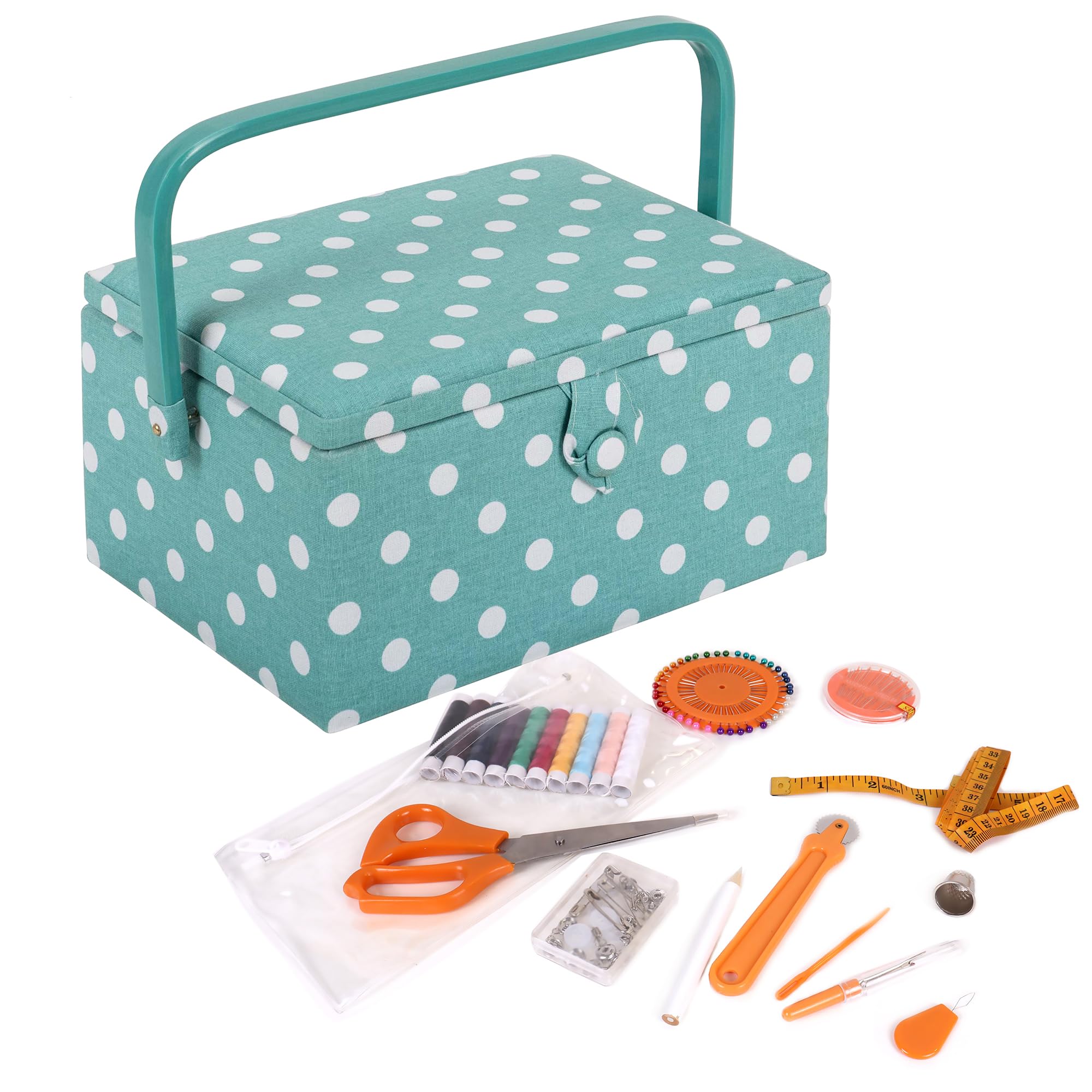 Hobby Gift Medium Sewing Box Organiser with Handle - Cotton Basket Sewing Storage Box, Craft Storage Boxes with Compartments for Tools & Accessories - 18.5 x 25.5 x 14.5cm, Spotty Duck Egg