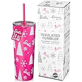 Dragon Glassware x Barbie Vacuum Insulated Stainless Steel Tumbler with Lid and Straw - Festive Holiday Travel Coffee Tumbler Cup to Keep Drinks Hot or Cold, Fits Cup Holders - Christmas Theme
