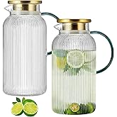 Buaic 2 PACK Glass Pitcher with Lid,68 oz/ 2 Liter Vertical Stripes Water Pitcher With Green Handle,Glass Water Carafe for Cold Brew,Coffee, Lemonade, Iced Tea,Beverage, Heat Resistant Water Glass Jug