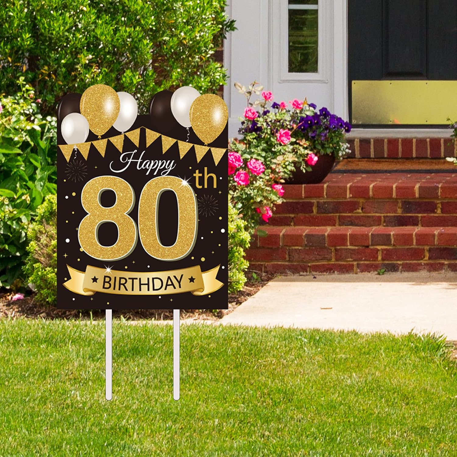 Yard Signs - Large Happy 80th Birthday Party Yard Sign Black Gold 80 Birthday Yard Signs with Stakes and Outdoor Lawn Decorations