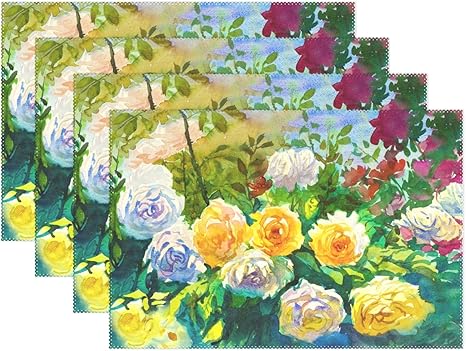 Amazon Aomoki ランチョンマット ブランドランナー テーブル 食卓 断熱 防汚 滑り止め 丸洗い レストラン用 飾り 30x45cm 花柄 薔薇 カラフル ランチョンマット オンライン通販