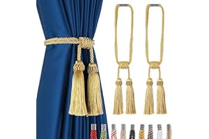 Fenghuangwu Magnetic Curtain Tiebacks 2 Pack Tassel Curtain Tieback Modern Handmade Tie Backs,Decorative Tassel Holdback for Draperies,Window Decor（Gold）