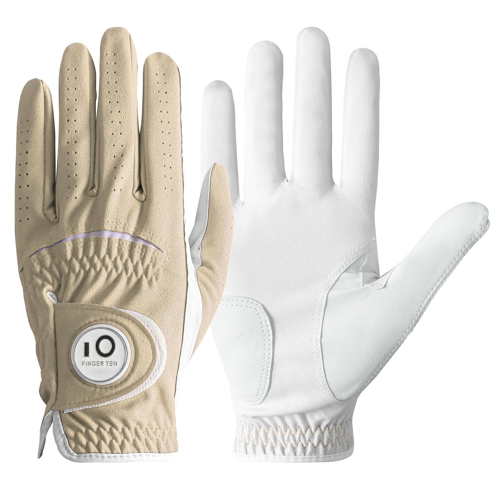 FINGER TEN Golf Gloves Men Left Hand Leather with Ball Marker All Weather Value Pack, Mens Golf Glove Wear Resistant Stable-Grip Weathersof for Swing (Brown,M-Worn on Left Hand)