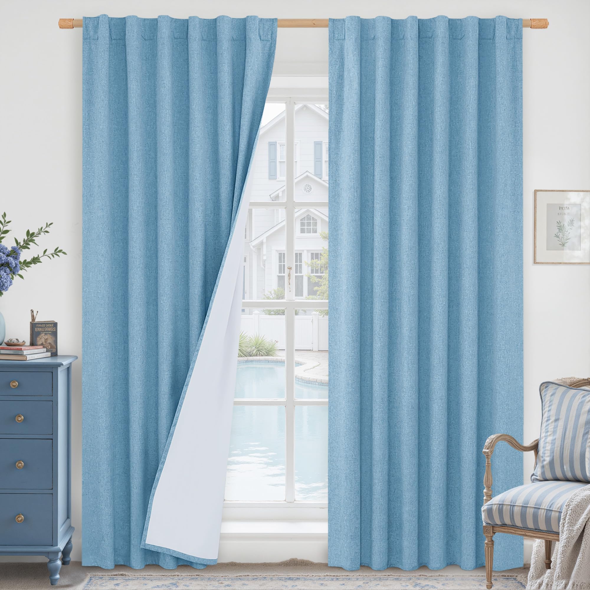 LAMIT Blue 100% Blackout Linen Curtains, 84 Inch Linen Textured Living Room Farmhouse Curtains Room Darkening Back Tab and Rod Pocket Burlap Neutral Panels with White Liner, 2 Panels, 52 x 84 Inch Image