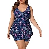 Halcurt Womens Plus Size Tummy Control Tankini Set Swimsuit Twist Front Swim Dress with Short Two Piece Bathing Suit