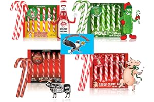 Archie McPhee Brisket, Bacon, Ketchup and Dill Pickle Christmas Holiday Candy Canes - Stocking Stuffers - Funny Novelty - Weird Prank, Gag, Joke -24 ct.- 6 of Each Flavor-Includes PITCHING PIGEON Magnet