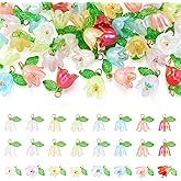 Beadthoven 48pcs Acrylic Flower Pendants for Jewelry Making Lily Flower Charms Colorful Plastic Lily of the Valley Charms Dangle Beads with Leaf for Jewelry Making Necklace Earring DIY Crafts