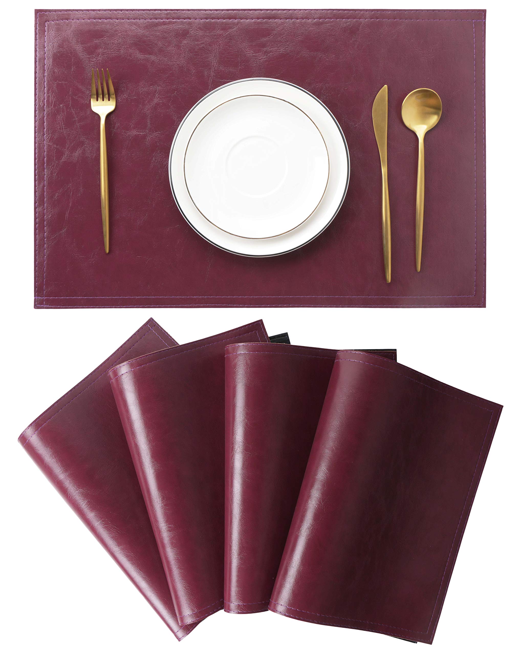 Waterproof PU Placemats, Faux Leather Dining Table Mat, Set of 4, Easy to Wipe Off Scrub Vinyl Mat, Heat & Stain Resistant for Office Conference Table, Home Decor G Bordeaux