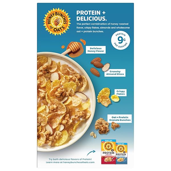 HONEY BUNCHES OF OATS HONEY & ALMOND PROTEIN CEREAL, BREAKFAST OR SNACK, FAMILY SIZE, 15 OZ (PACK OF 1)