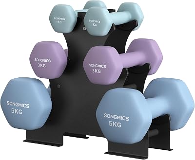 SONGMICS Hex Dumbbells Set with Stand 2x1kg 2x3kg 2x5kg Neoprene