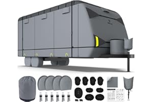 RVMasking Travel Trailer RV Cover 31-34ft, 7 Layers Extra-Thick Camper Cover Waterproof Windproof for Toy Hauler with 4 Tire Covers & Tongue Jack Cover & Propane Tank Cover, Dark Gray
