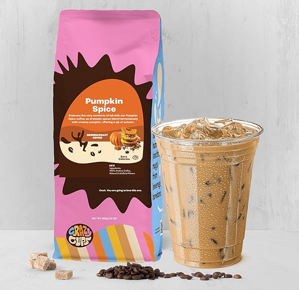 CRAZY CUPS FLAVORED GROUND COFFEE, PUMPKIN SPICE COFFEE, FOR BREWING FLAVORED HOT OR ICED PUMPKIN COFFEE, 10OZ