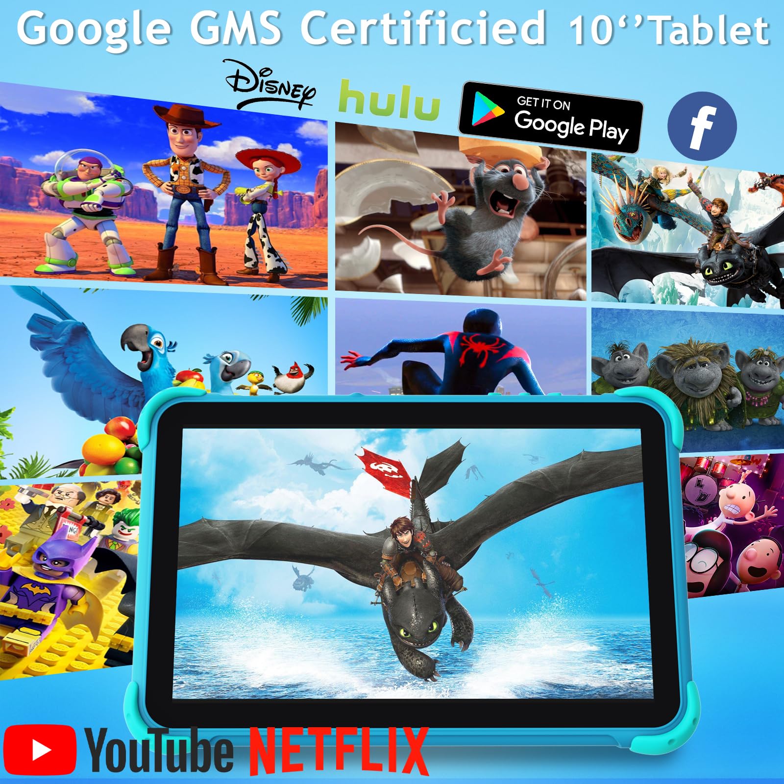 YINOCHE Kids Tablet 10 inch Tablet for Kids 5G WiFi Toddler Tablets with Case Parental Control Dual Camera 32GB Kids Tablets Educational App Preloaded Support YouTube Neflix (Blue)