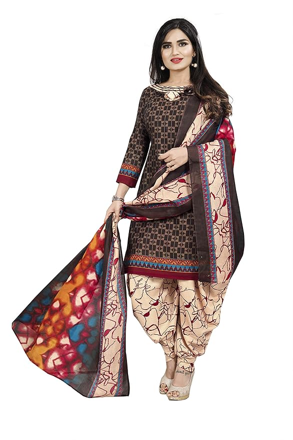 Buy Women's Cotton Printed Patiyala Dress Material (Brown_Free Size) at Amazon.in