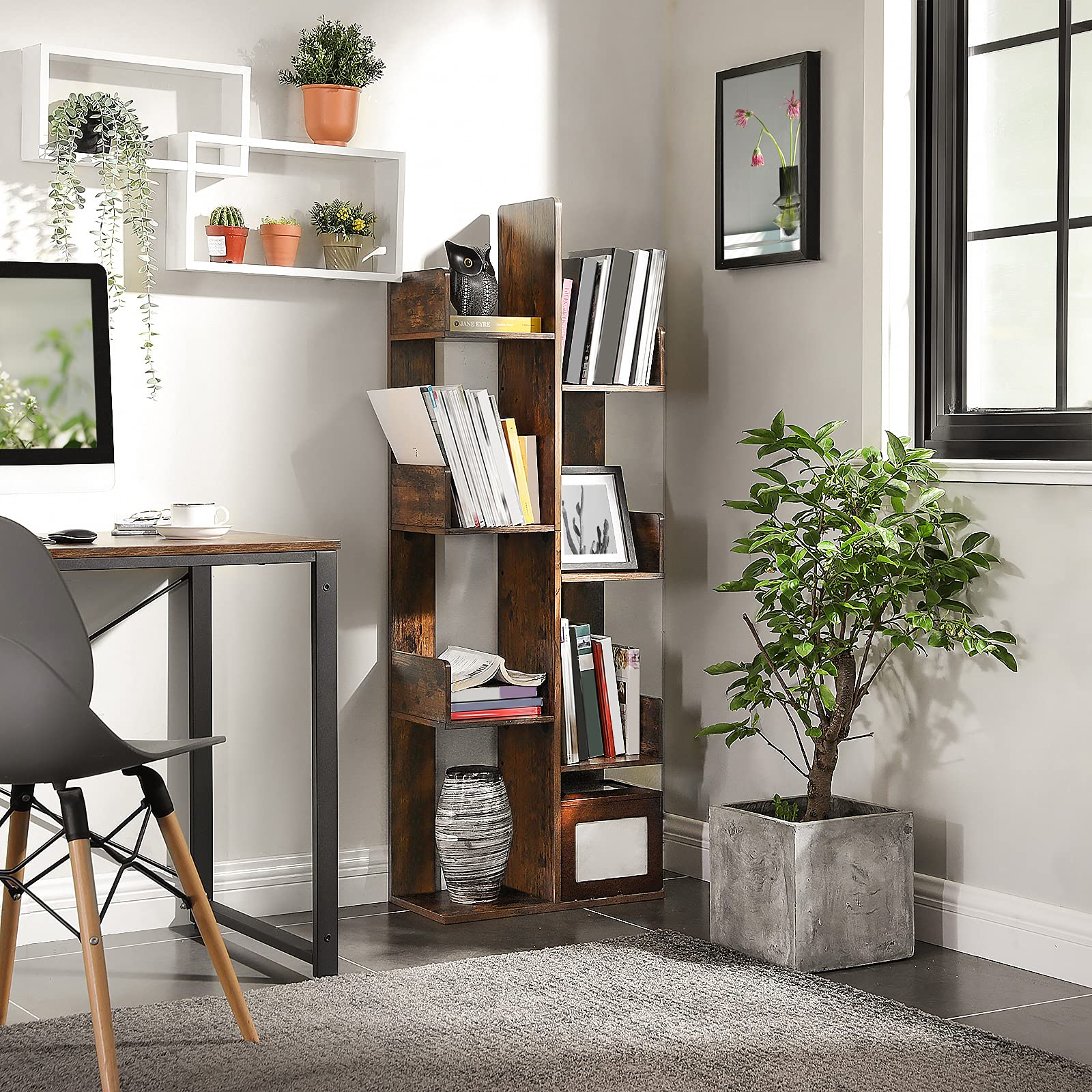 VASAGLE Bookcase, Tree-Shaped Bookshelf with 8 Storage Shelves, Rounded Corners, 19.7 x 9.8 x 55.1 Inches, Rustic Brown ULBC66BXV1