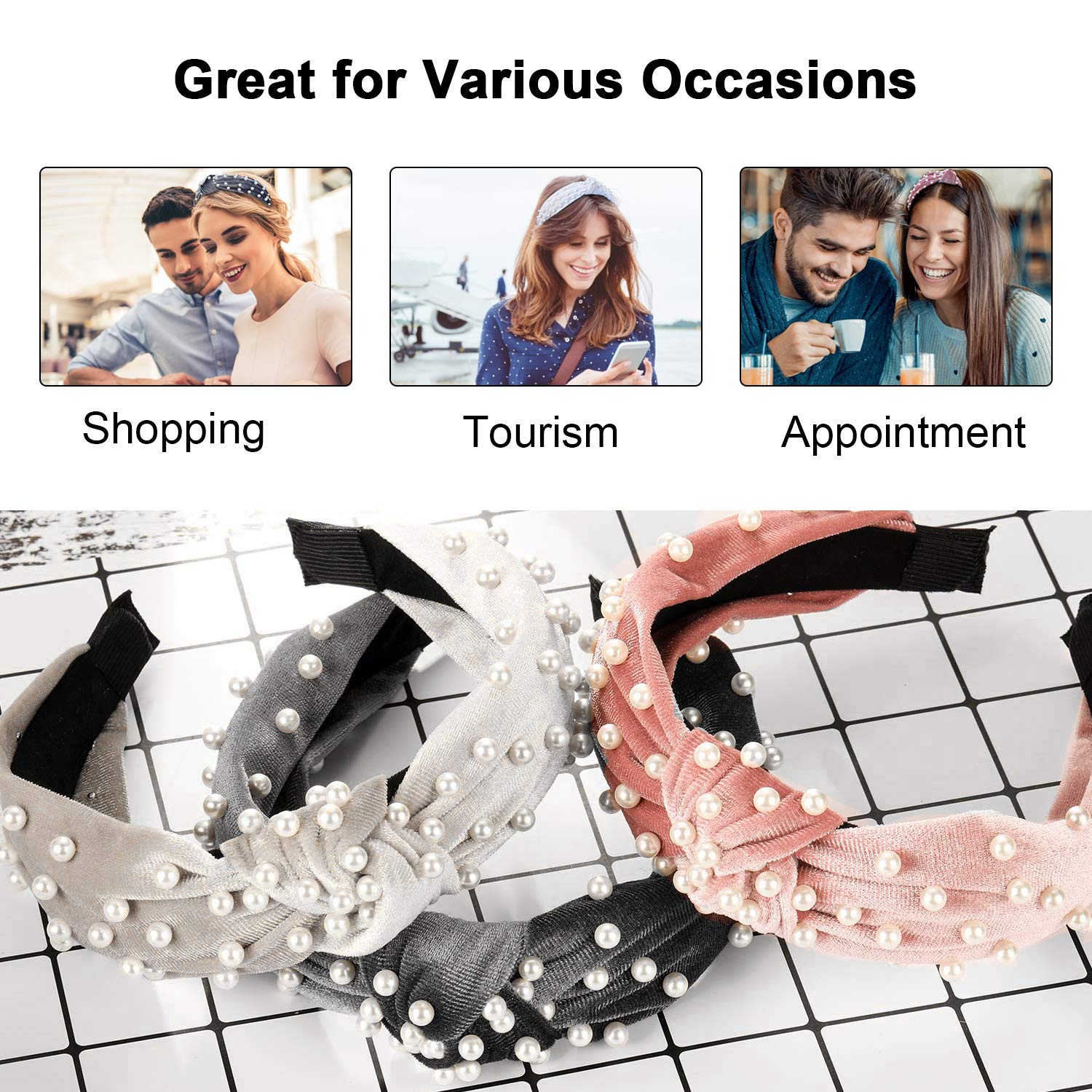 ForTomorrow 6 Pack Velvet Wide Pearl Headbands Twist Knot Turban Headband Vintage Retro Hairband with Faux Pearl Fashion Hair Hoops for Women and Girls (Black, White, Pink, Grey, Blue, Navy) : Beauty