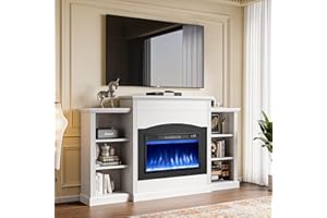 oneinmil Electric Fireplace with 67" Mantel, Fireplace TV Stand with Storage Shelves, 23'' Multifunctional Fire Places Insert Heater, Remote Control, for Living Room or Bedroom, White
