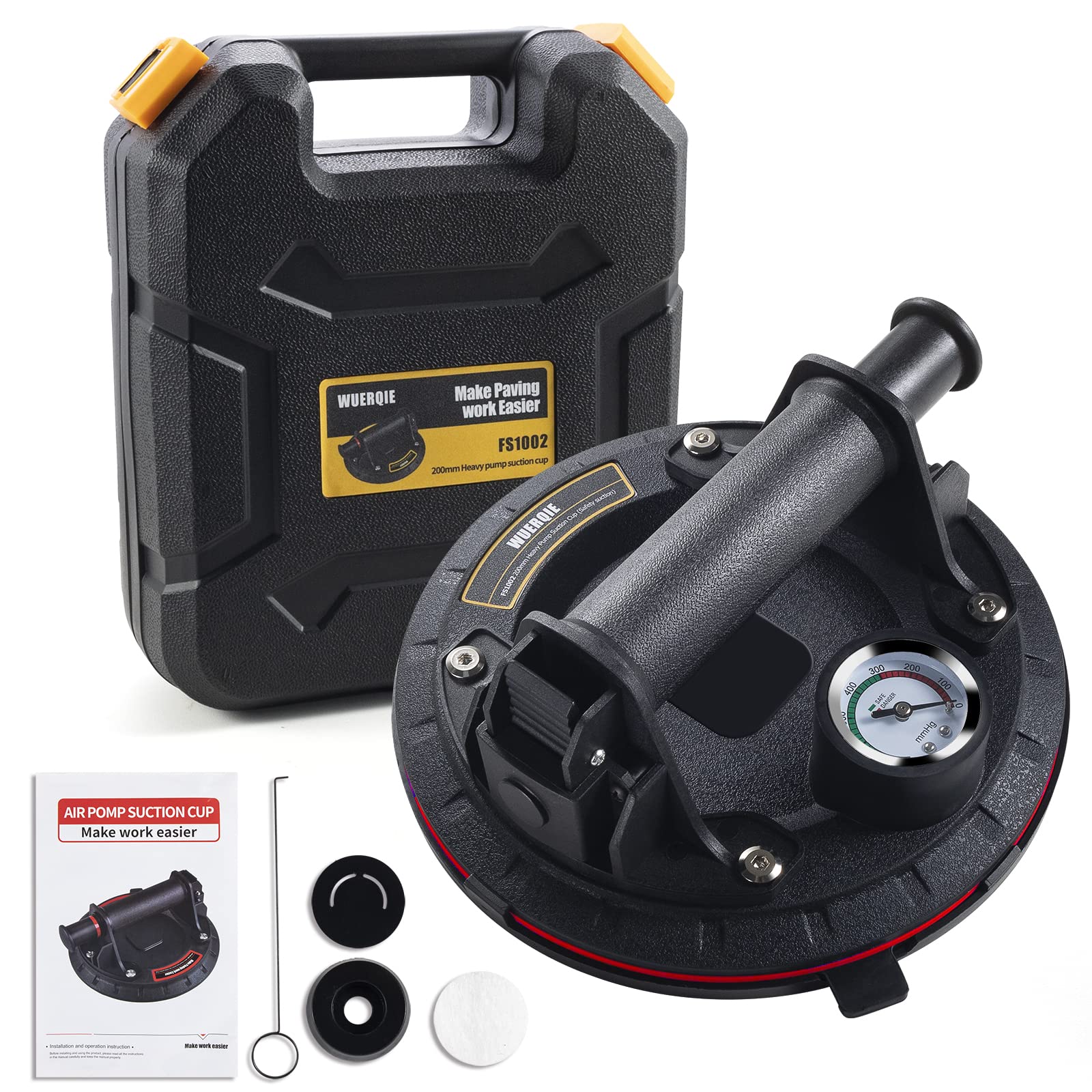 WUERQIE 8" Heavy Duty Vacuum Suction Cups with Pressure Gauge, Glass Lifter with ABS Hand Pump, Industrial Glass Suction Cup for Granite, Tile, Window, 220KG Load Capacity