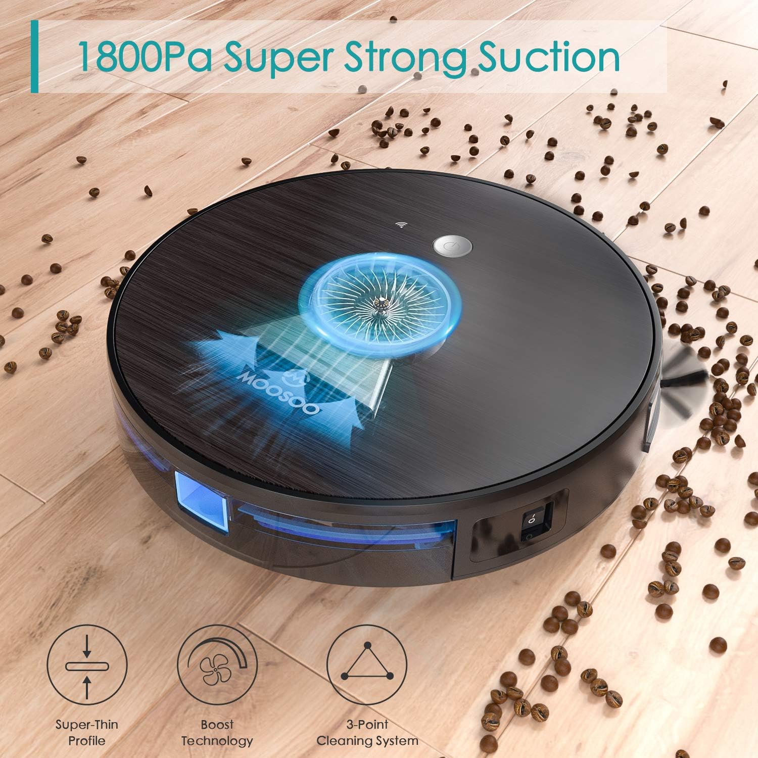 Robot Vacuum, MOOSOO Robotic Vacuum Cleaner, Wi-Fi Connectivity, 1800Pa Suction, Self-Charging, Multiple Cleaning Modes, Best for Pet Hairs, Hard Floor & Medium Carpet -