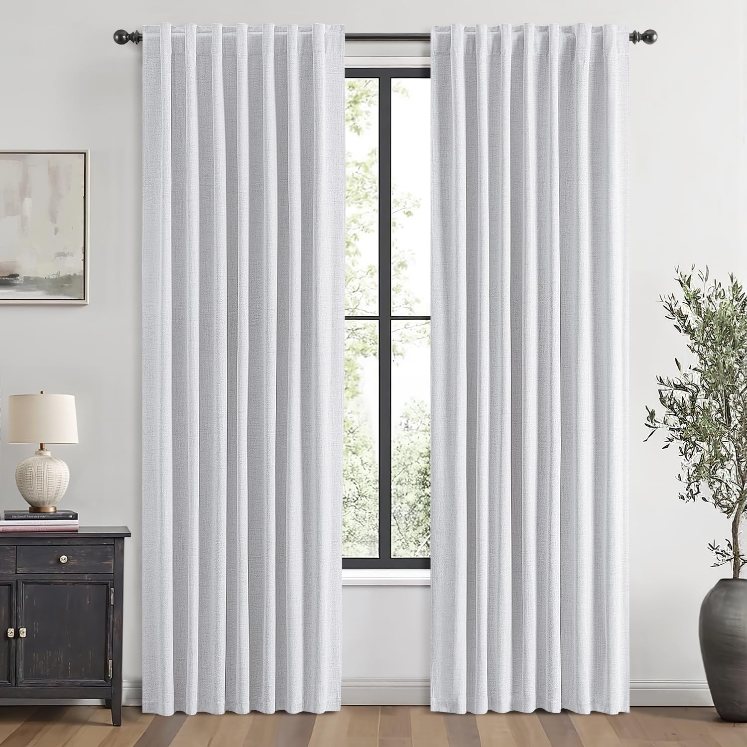 Photo 1 of MIULEE 100% Blackout Linen Curtains for Bedroom, Grayish White Solid Luxury Decor Thermal Insulation Room Darkening Drapes for Living Room Nursery Back Tab Rod Pocket 42 x 84 Inches, 2 Panels