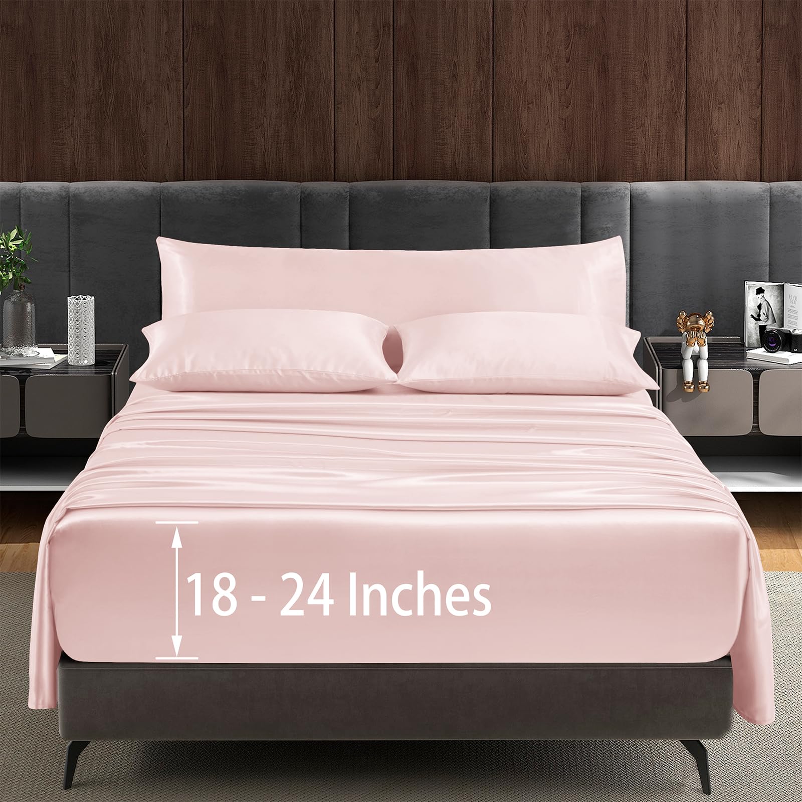 Photo 1 of Entisn 5Pcs Extra Deep Pocket Satin Sheets California King Bed Set - Up to 24" Mattress, Luxury & Ultra Soft Bedding Sheets Set, Silky Satin Bed Sheets with Body Pillow Cover - Blush Pink