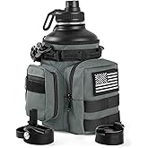 banloga Tactical Half Gallon Water Bottle with Straw, 64 Oz Insulated Water Jug with Molle Water Bottle Holder, Stainless Steel Sport Bottle with 3 BPA Free Lids for Gym Workout Hiking (Gray)