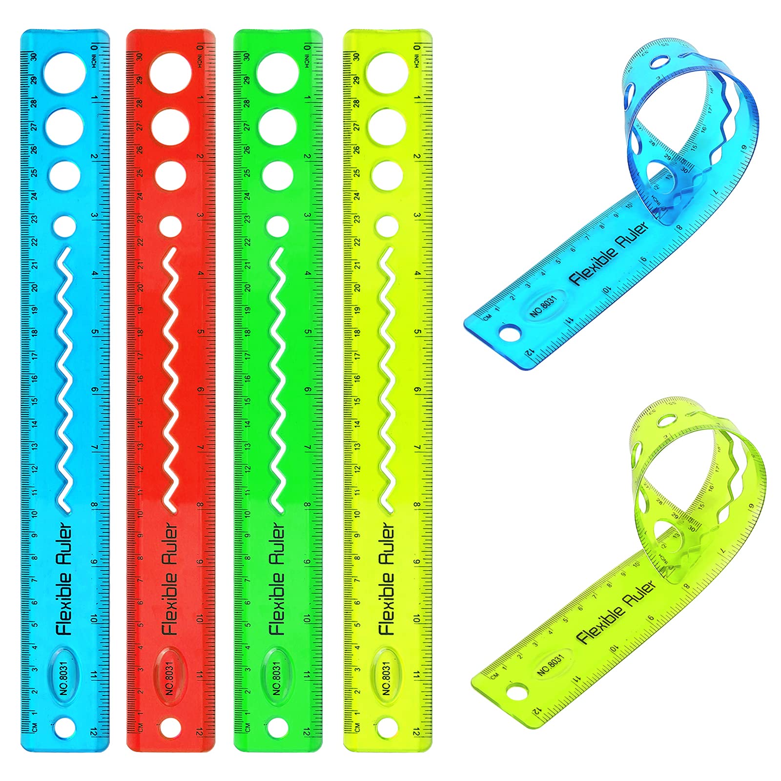 KINBOM 4Pcs 12 Inch Color Flexible Rulers,Soft Plastic Transparent Rulers,Shatterproof Clear Rulers,Safety Kids School Supplies,Suitable for School, House and Office