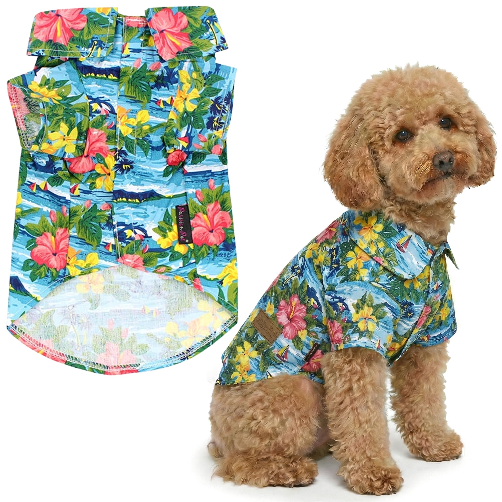 Parisian Pet Dog Summer Camp Hawaiian Flower Tropical Polo Shirt, L