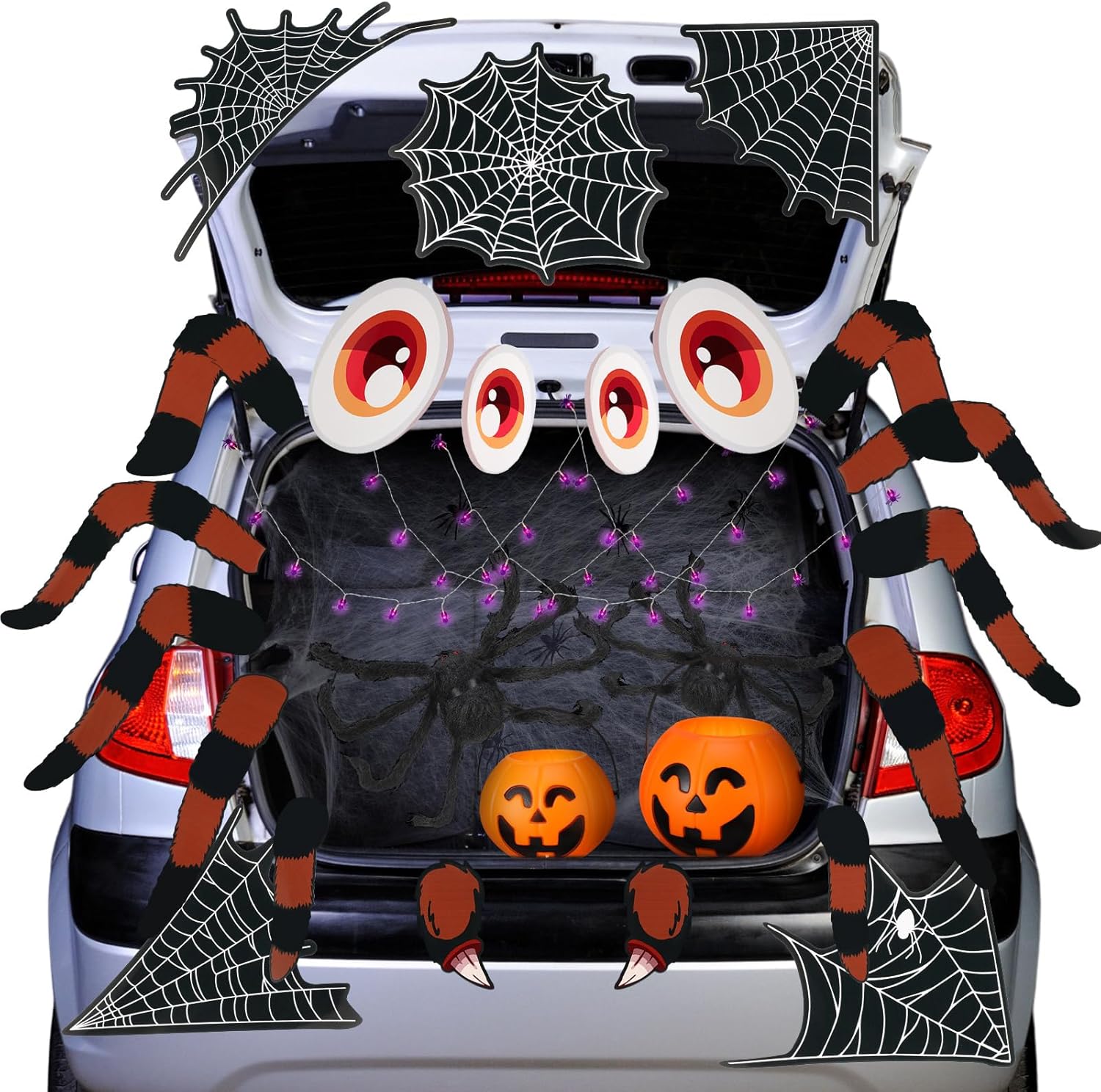 Garage Door Decorations - Tenceur 25 Pcs Large Trunk or Treat Halloween Car Decoration with Cobweb Scary Giant Spider Lights Monster Face Decorations Outdoor Party Garage Archway Door Haunted House Car Stickers with Tapes
