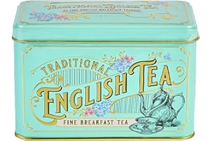 New English Teas Vintage Victorian Tea Tin with 40 English Breakfast Tea Bags, Forget Me Not Florals, Black Tea, Ceylon Tea, Mint Green British Tea Caddy