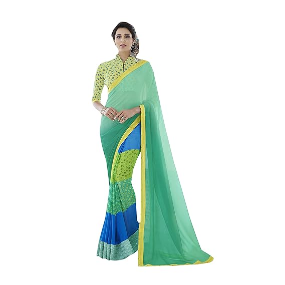 Womens Georgette and Sai Chiffon Printed Half and Half Saree (Turquoise)