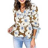 WDIRARA Women's Floral Collared V Neck Peplum Blouse Bowknot 3/4 Sleeve Ruffle Babydoll Top Shirts