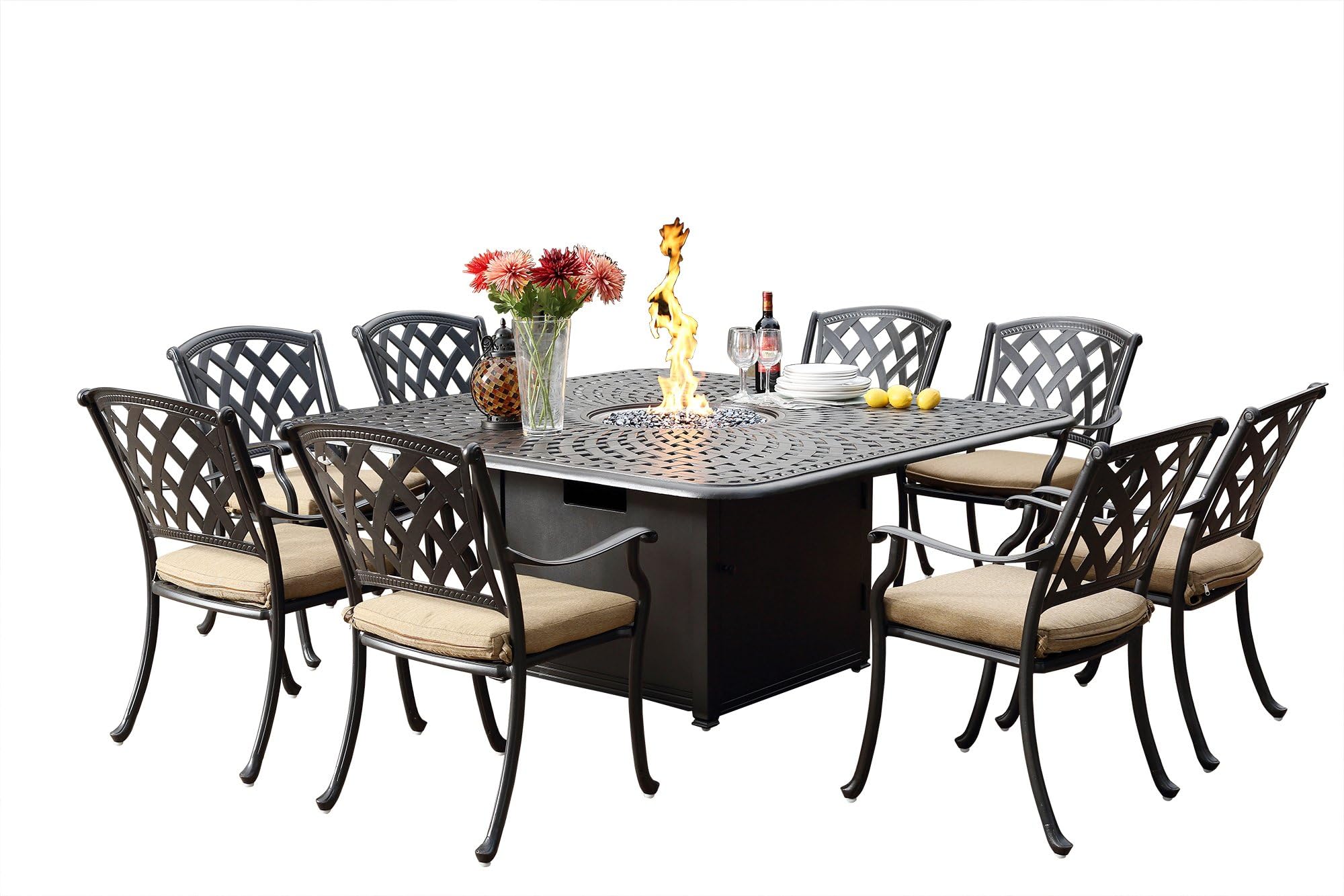 Darlee Ocean View Cast Aluminum 9 Piece Patio Dining Set with 64'' Square Propane Fire Pit Table, Antique Bronze