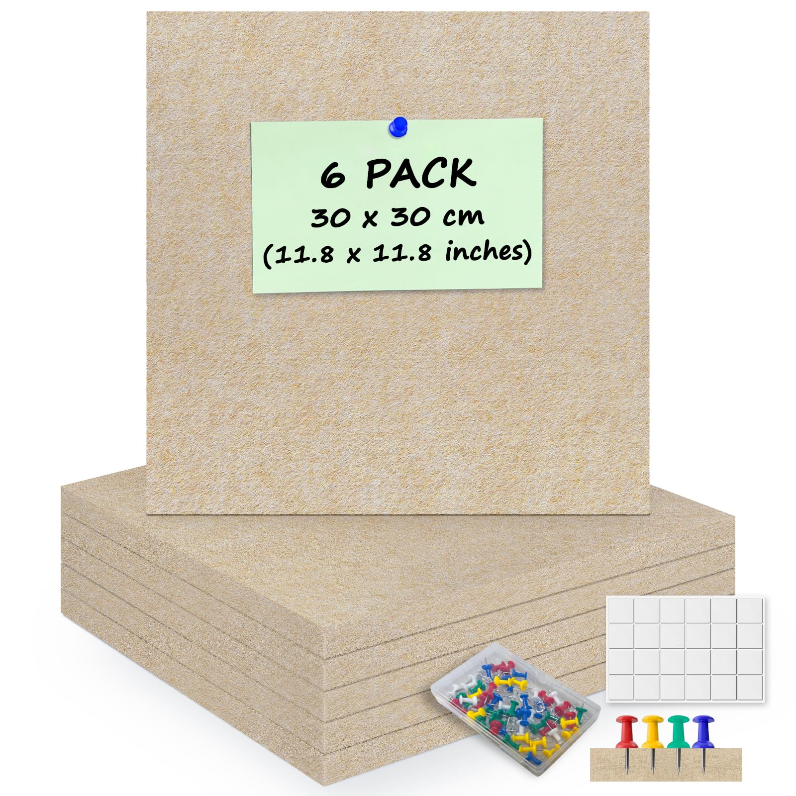 Photo 1 of ANLIOTE 6 Pack Cork Board Felt Bulletin Board with 60 Push Pins, 1/2" Thick Pinboard Square Tiles for Wall Organizer - Home Office Classroom Decor, Photo Display, Memo Board (11.8"x11.8"- Beige)