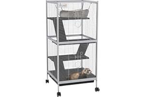 PawHut Metal Small Animal Cage, 4-Tiers Rolling Big Ferret Cage with Hammock, Removable Tray, for Chinchilla, Sugar Glider, White