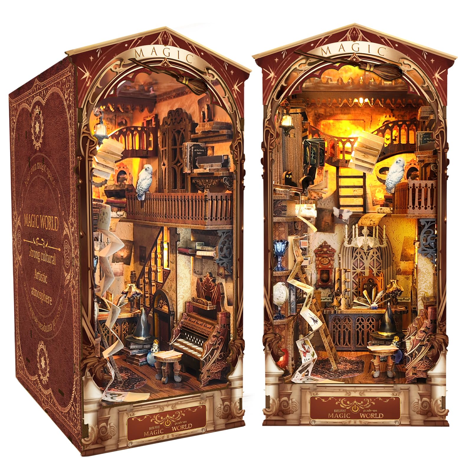 DIY Book Nook Kit, MOJINO Mini House 3D Wooden Puzzle Booknook With LED Light Magic Room Model Kit for Adult Miniature Kit for Bookshelf Insert Decor (Magical World)