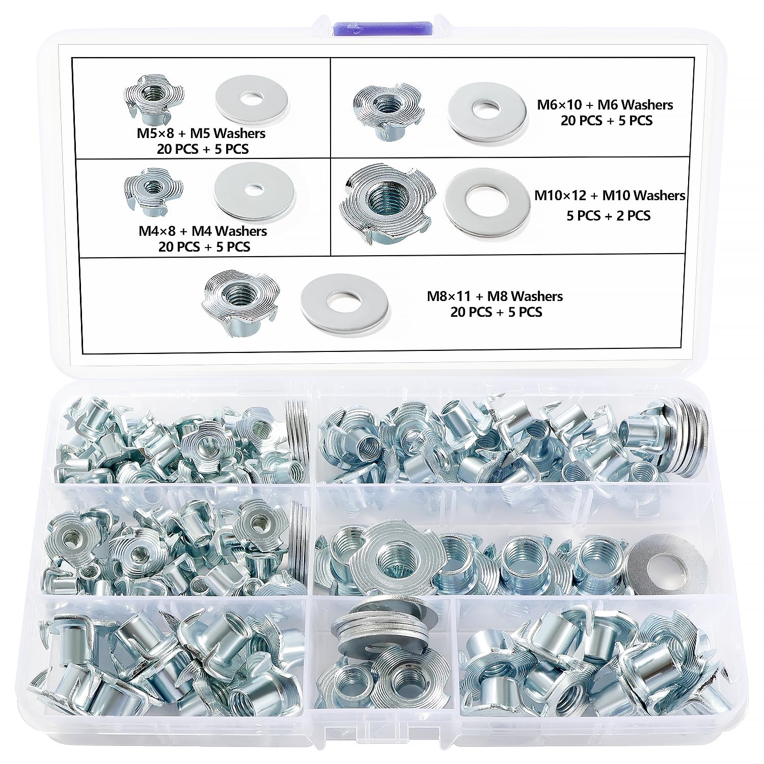 Lyeteung 85 PCS M4/M5/M6/M8/M10 T Nuts Set, Four Pronged Tee Nuts, Threaded Insert T Nut, with 22 PCS Washers, for Wood, Cabinetry, Furniture