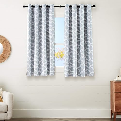 Amazon Basics Room-Darkening Blackout Curtain Set with Grommets - 52" x 63", Light Grey Lattice
