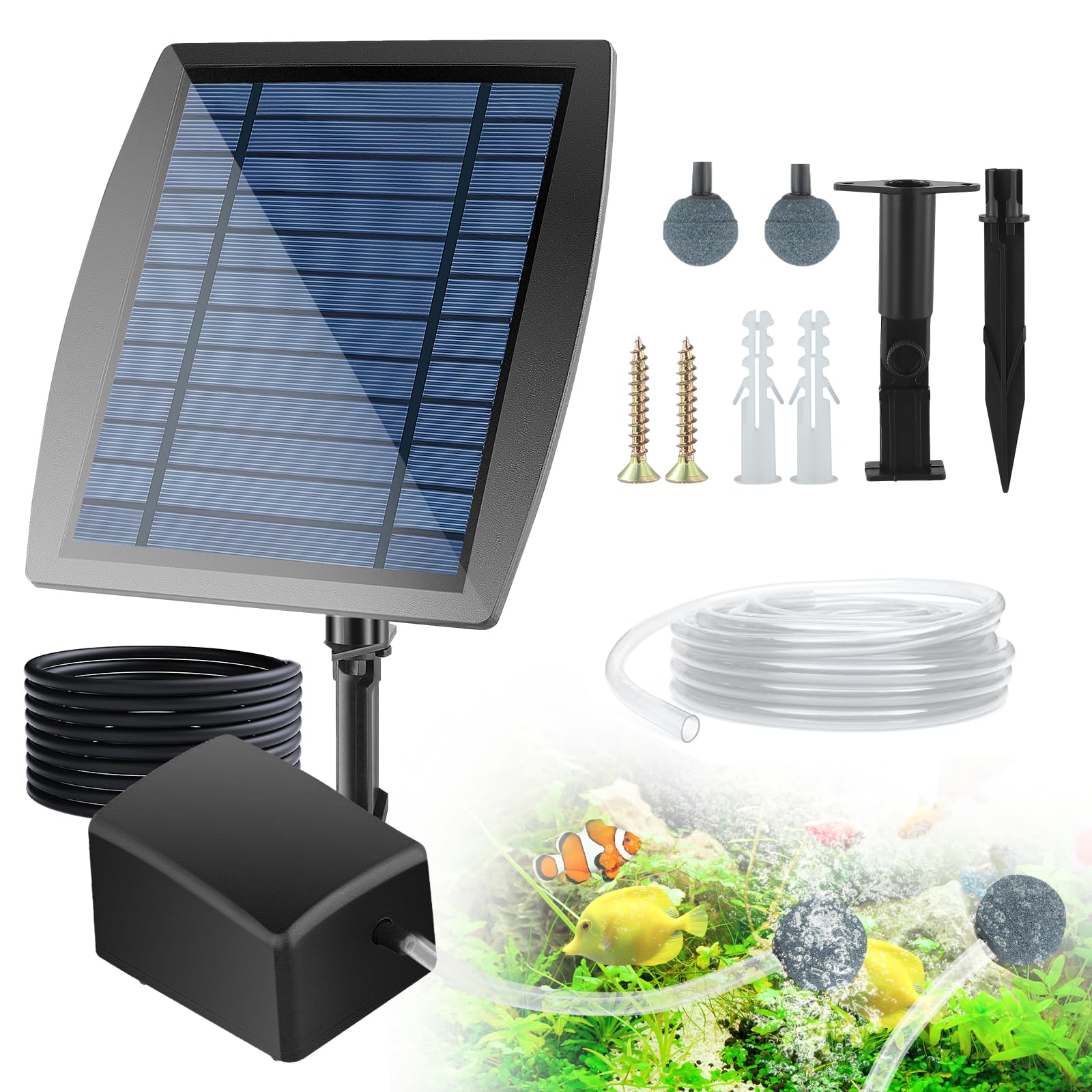 Solar Pond Aerator, 2.5W 6V Plug-in Solar Powered Air Pump Kit with 8.2ft Pipe & 2 Air Bubble Stones, 3 Modes Oxygen Pump, Oxygenator for Outdoor Garden Fish Tank Pool Pond, Aquarium Oxygen Aerator