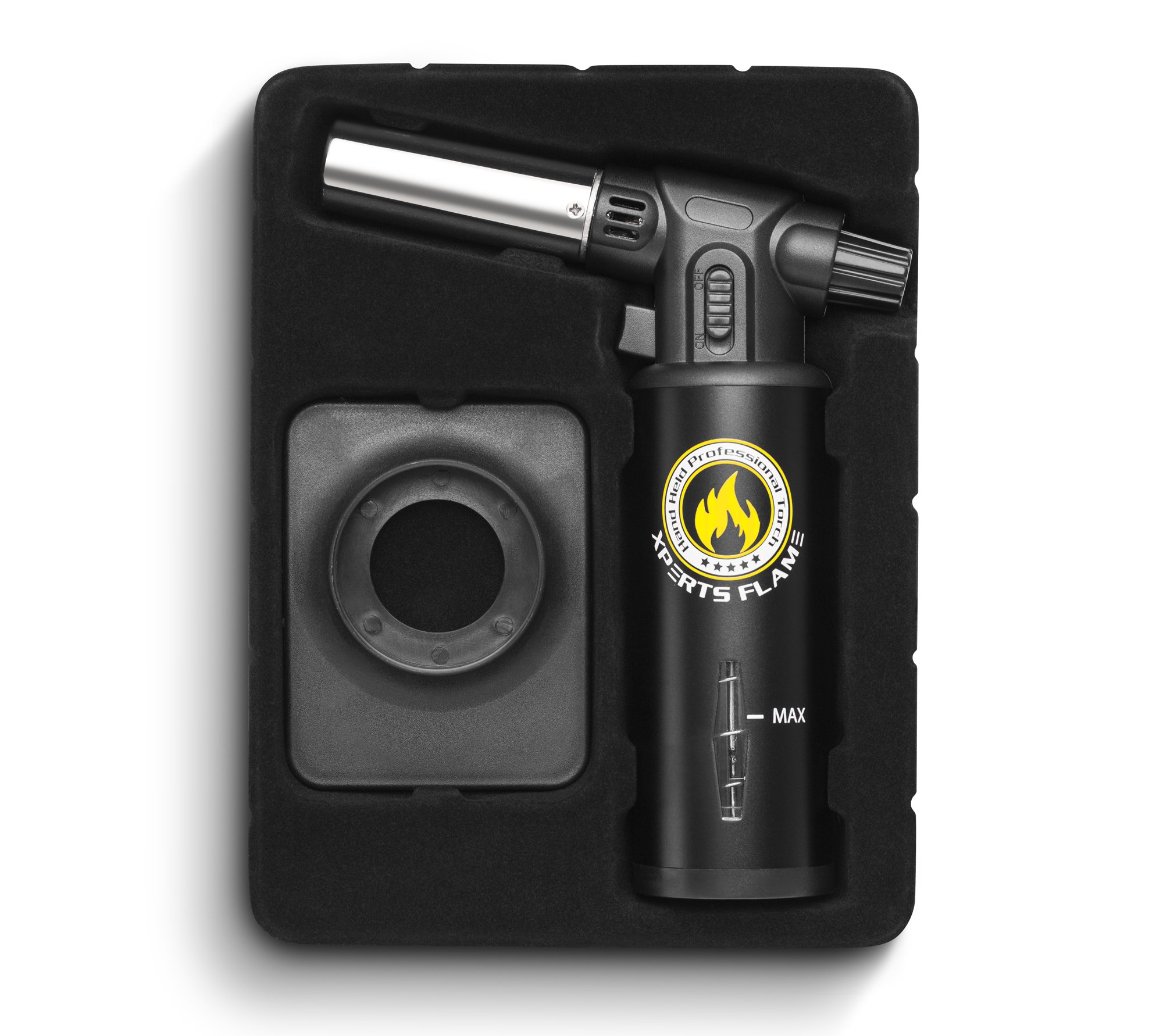 Kitchen {Culinary} Torch | Cooking Torch For Creme Brulee | Butane Blow Torch For Home & Pro Chefs | Safety Lock & Adjustable Flame | Free Bonus: Stand & 2 Recipe E-Books | By XPERTS FLAME. (BLACK)