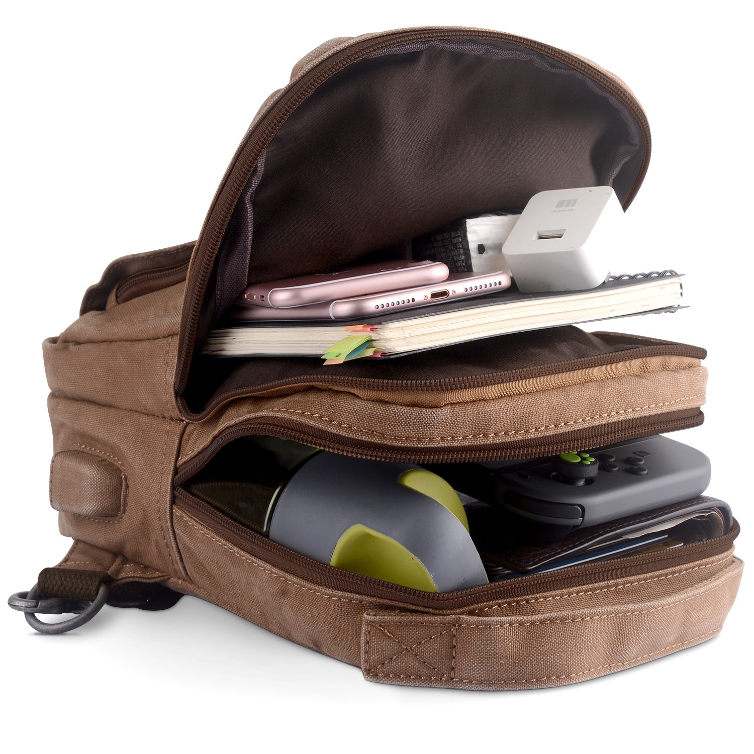 Sling Backpack Anti-Theft Canvas Bag One Strap Crossbody Shoulder Travel Sport Hiking Daypacks for Men Women USB Charging Port(Khaki)