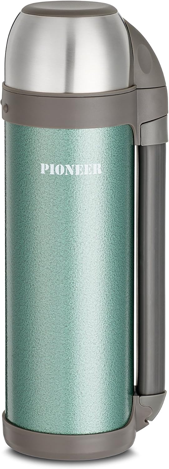 Pioneer Stainless Steel Vacuum Flask Thermal Mug with Secure Grip Extendable Handle, 1 Litre 33.81 fl oz - Green