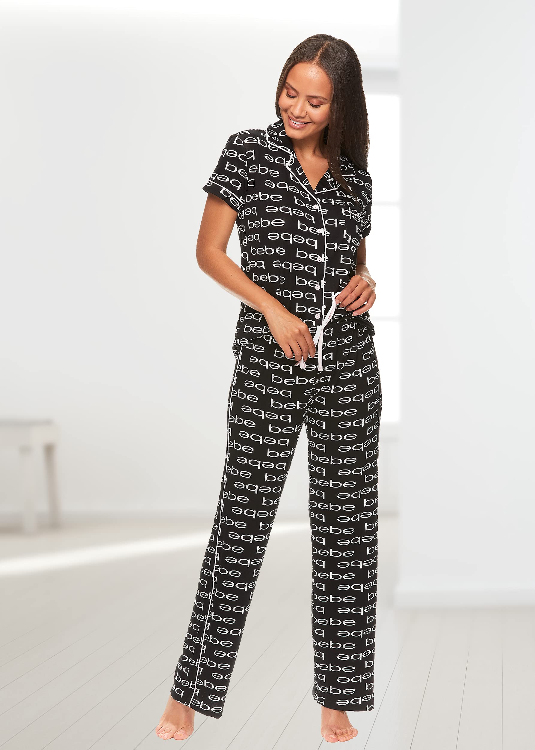 bebe Womens 2 Piece Short Sleeve Button Down Shirt and Long Pants Bridesmaid Pajamas Set Black Large
