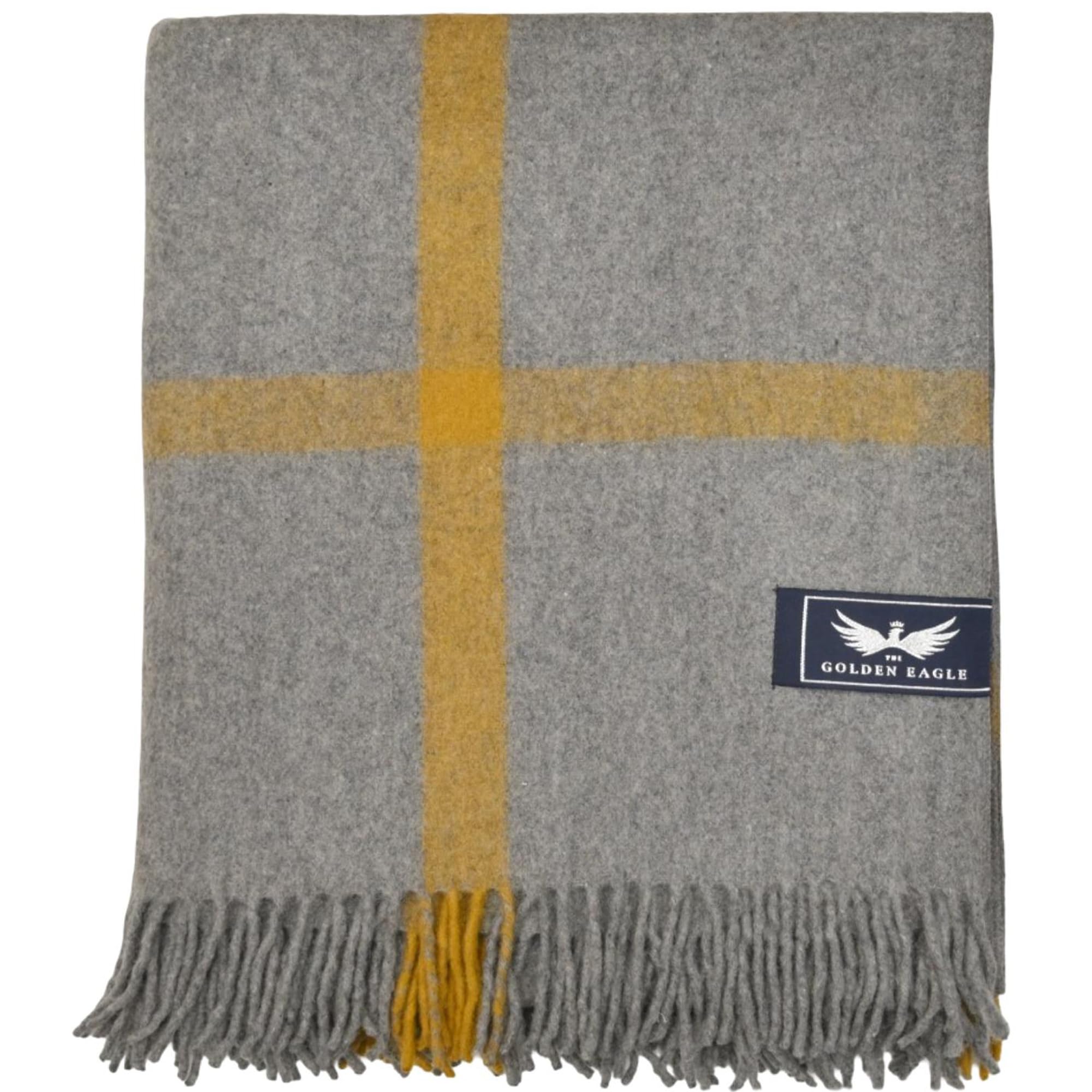 The Golden Eagle Scottish Tweed Wool Large Blanket Tartan Rug with Check Pattern for Warm Winter (Grey Mustard Check)